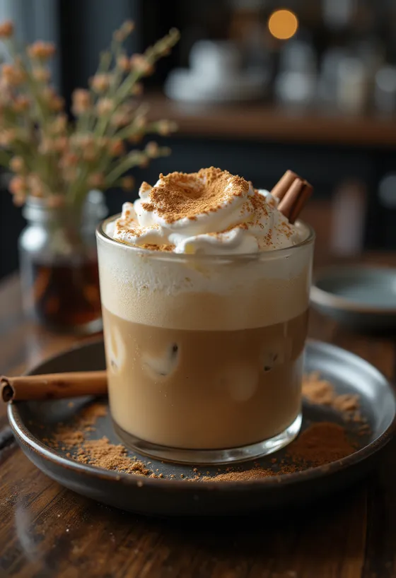 생크림, 시나몬 스틱, 민트 잎으로 장식된 시나몬 민트 프라페 커피 음료