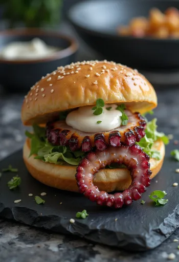 구운 문어 다리가 들어간 바오 번