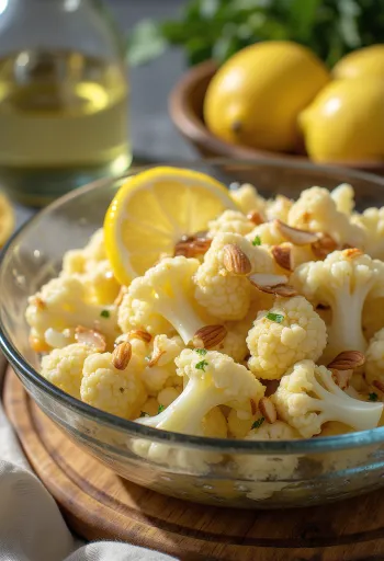 레몬과 파슬리로 장식된 신선한 레몬 콜리플라워 샐러드