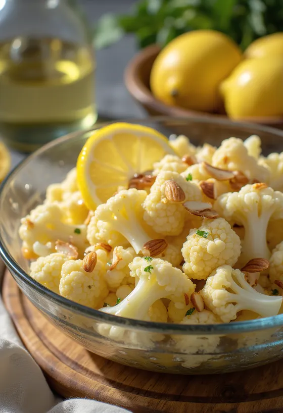 레몬과 파슬리로 장식된 신선한 레몬 콜리플라워 샐러드