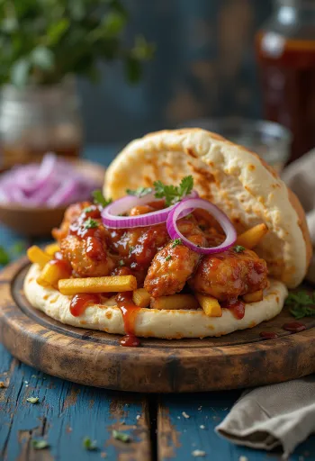 BBQ 소스, 신선한 채소, 감자튀김을 곁들인 미국식 기로스 샌드위치