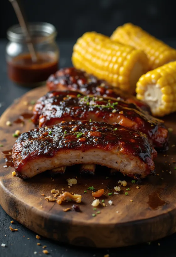 옥수수와 함께 서빙된 BBQ 폭립