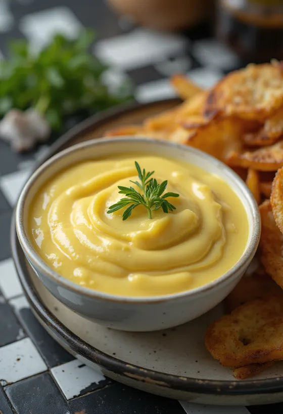 구운 고기와 함께 제공된 머스터드 갈릭 소스