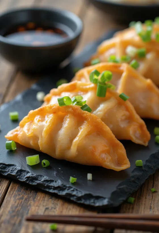 연어 속과 간장 소스를 곁들인 연어 교자