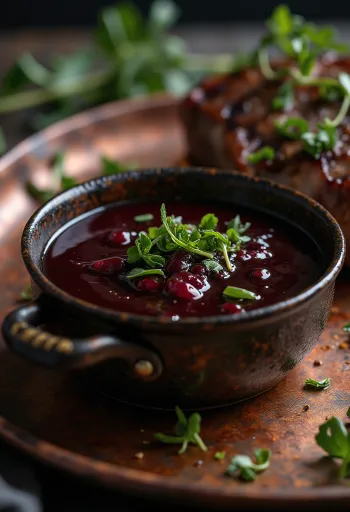 서빙된 타라곤 레드 와인 갈릭 소스