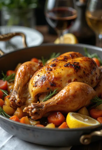 구운 야채를 곁들인 뿔닭 구이