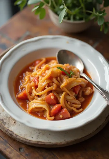 신선한 딜과 육즙이 풍부한 미트볼을 곁들인 토마토 양배추 스튜.