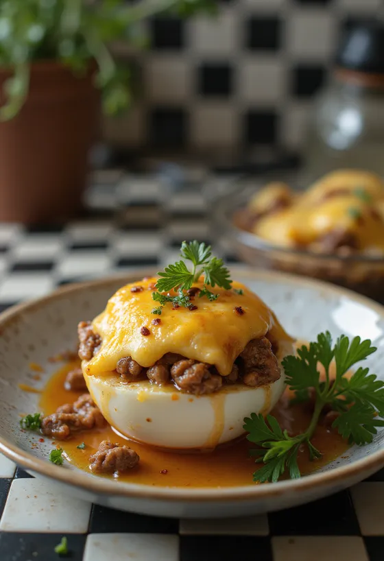 바삭한 치즈를 얹고 신선한 허브를 뿌린 속을 채운 가지