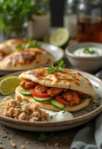 양념 치킨과 요거트 드레싱을 곁들인 매콤한 피타