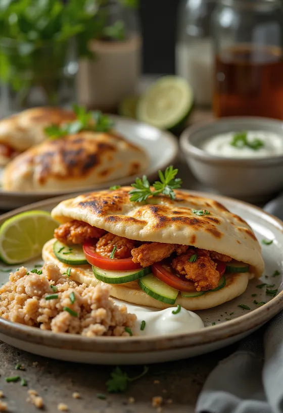 양념 치킨과 요거트 드레싱을 곁들인 매콤한 피타