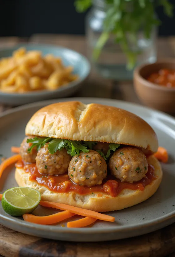 신선한 채소와 고수를 곁들인 Bánh Mì Xíu Mại 미트볼 샌드위치