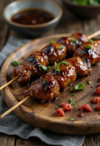 서빙된 BBQ 닭 간 꼬치