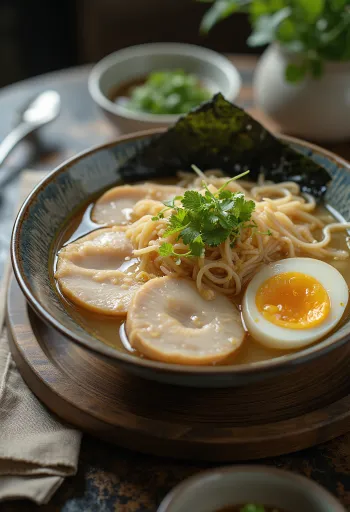 맑고 투명한 육수와 토핑을 곁들인 시오 라멘