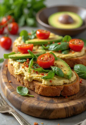 후무스, 아보카도, 토마토를 곁들인 비건 구운 샌드위치