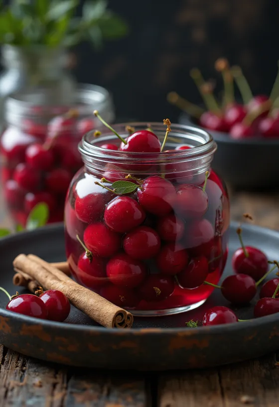 유리병에 담긴 매운 체리 피클