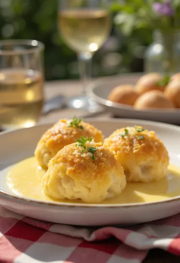 바닐라 소스와 빵가루를 곁들인 달콤한 독일식 바닐라 크뇌델