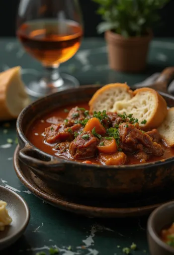 육즙이 풍부한 고기 큐브와 파프리카 소스를 곁들인 쇠고기 스튜