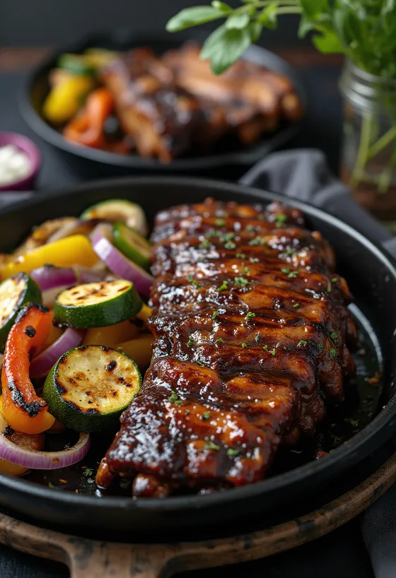 서빙된 구운 채소를 곁들인 BBQ 폭립