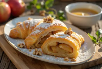 신선한 사과로 채워 슈가파우더를 뿌린 바삭한 사과 슈트루델
