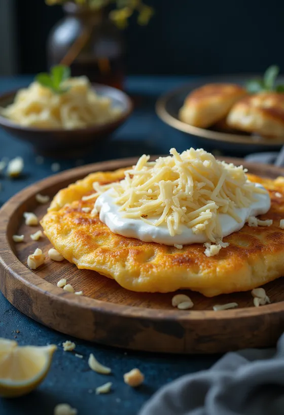 사워크림과 치즈를 곁들인 랑고스 팬케이크