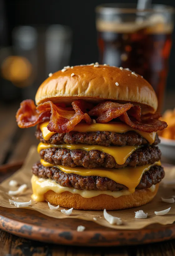 고기 패티가 추가된 갓 만든 트리플 고기 햄버거