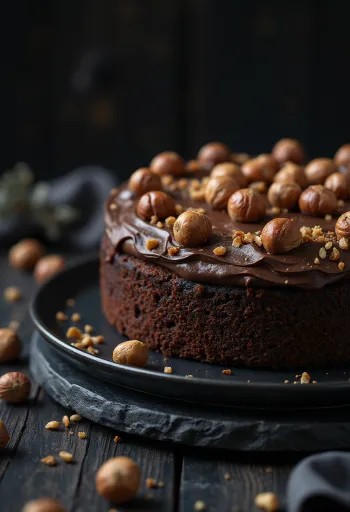 크리미한 초콜릿 코팅을 입힌 초콜릿 헤이즐넛 케이크