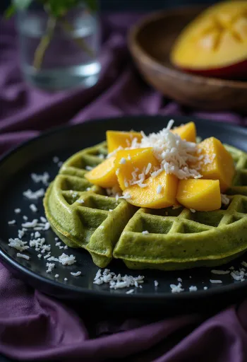 말차와 망고를 곁들인 아시안 스타일 와플