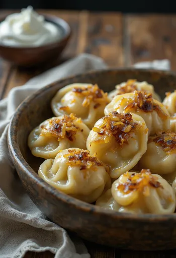 사워크림과 캐러멜화된 양파를 곁들인 양파 펠메니