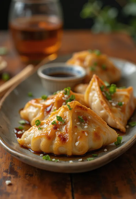 바닥이 바삭하게 서빙된 데리야끼 치킨 교자