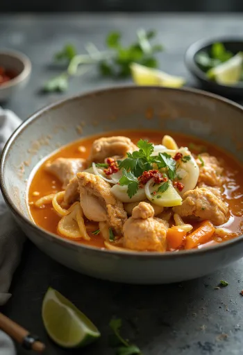 밥과 고수를 곁들인 태국식 코코넛 밀크 치킨