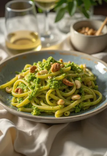 신선한 바질과 구운 잣을 곁들인 비건 페스토 파스타.