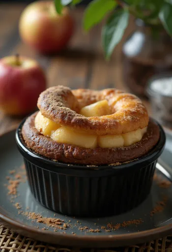 슈가파우더를 뿌린 시나몬 사과 초콜릿 수플레