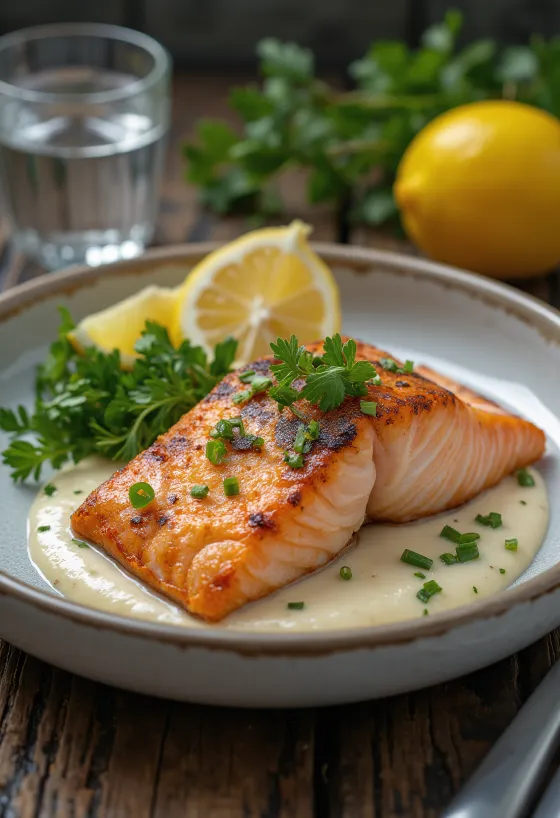 딜 소스를 곁들인 연어 구이 서빙