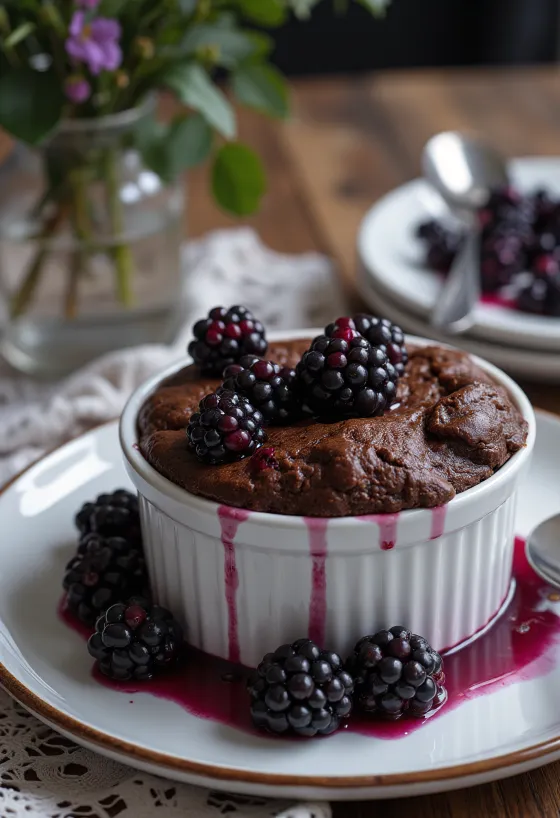 신선한 베리를 곁들인 블랙커런트 초콜릿 수플레
