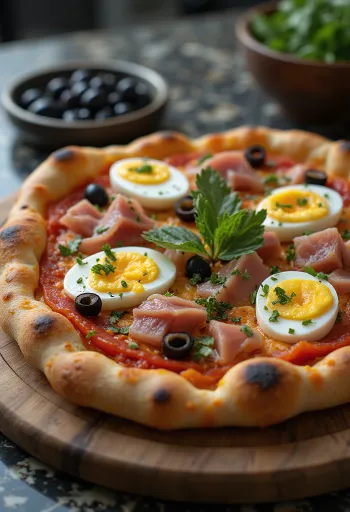 참치, 삶은 달걀, 하리사를 곁들인 튀니지 스타일 피자
