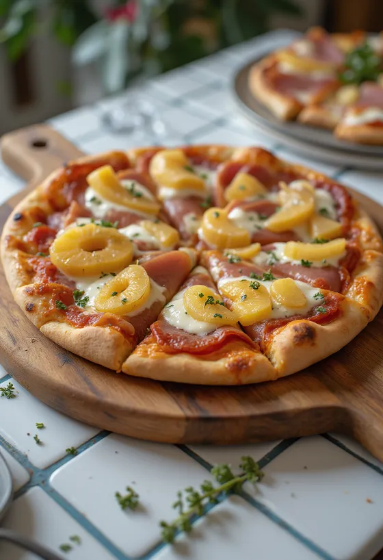 BBQ 소스 하와이안 피자 서빙