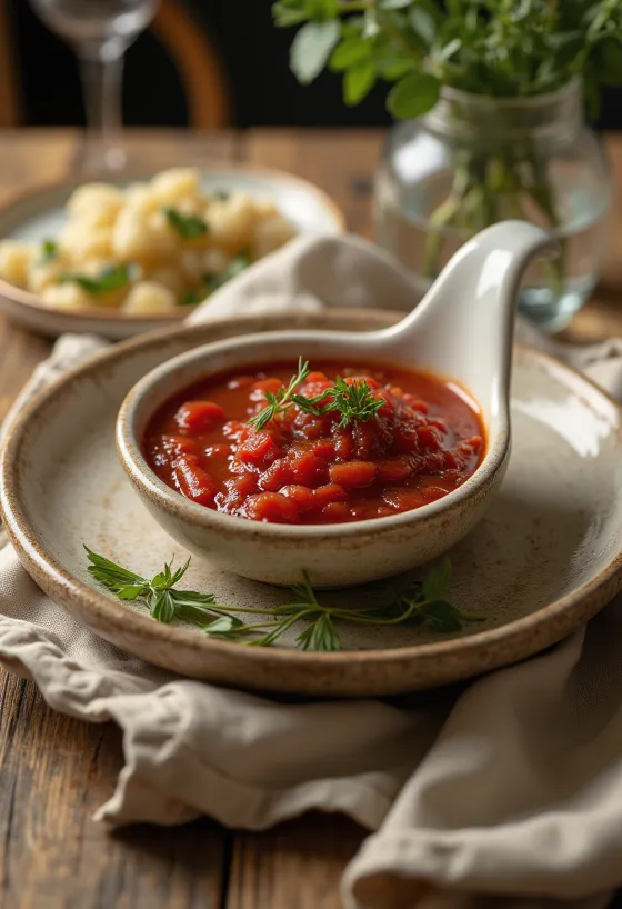 서빙된 로즈마리 토마토 레드 와인 소스