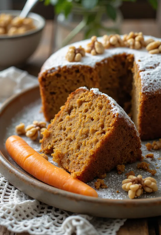 호두와 슈가파우더로 장식된 비건 당근 케이크