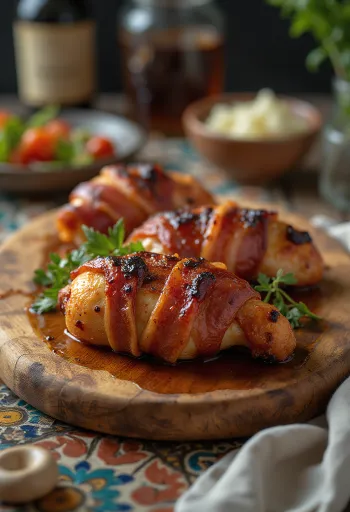 서빙된 베이컨 말이 훈제 BBQ 치킨