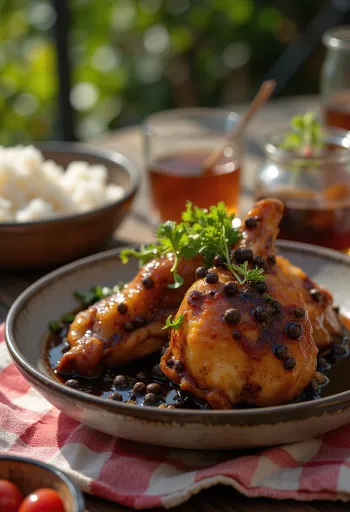 필리핀 스타일로 서빙된 치킨 아도보