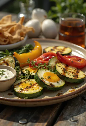 신선한 허브를 뿌린 다채로운 구운 채소 모둠