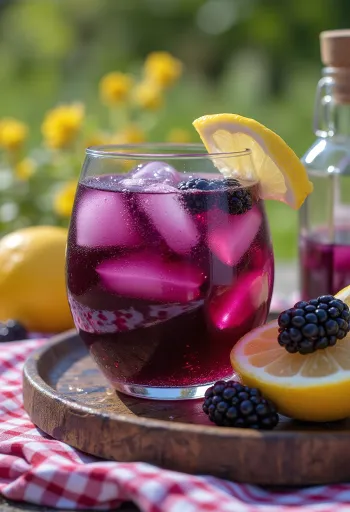 유리잔에 담긴 블랙베리 엘더플라워 레모네이드