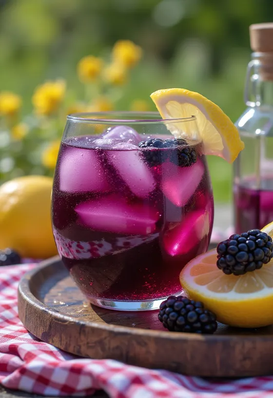 유리잔에 담긴 블랙베리 엘더플라워 레모네이드