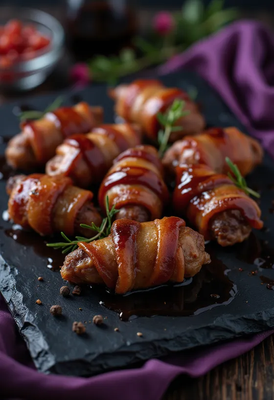 서빙된 베이컨 말이 훈제 BBQ 닭간