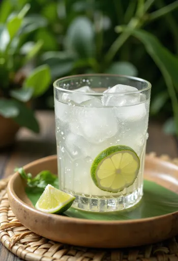 얼음이 든 유리잔에 담긴 민트 코코넛 워터