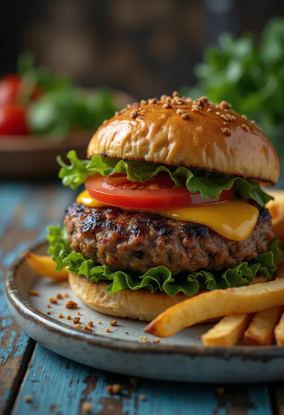 비건 치즈와 신선한 채소를 곁들인 비건 고기 버거 서빙