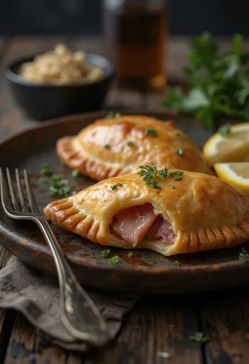 황금빛 반죽의 훈제 돼지고기 목살 엠파나다