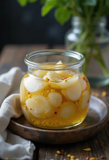 접시에 담긴 매운 물밤 피클