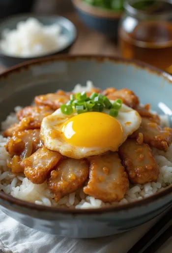 카츠 덮밥, 밥과 돈까스 소스를 곁들인 바삭한 돼지 등심 튀김