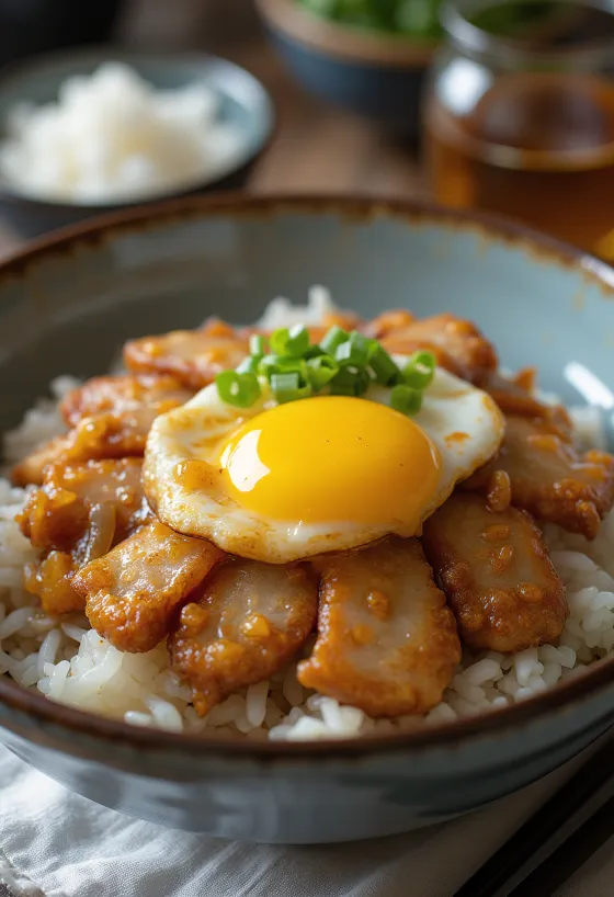 카츠 덮밥, 밥과 돈까스 소스를 곁들인 바삭한 돼지 등심 튀김